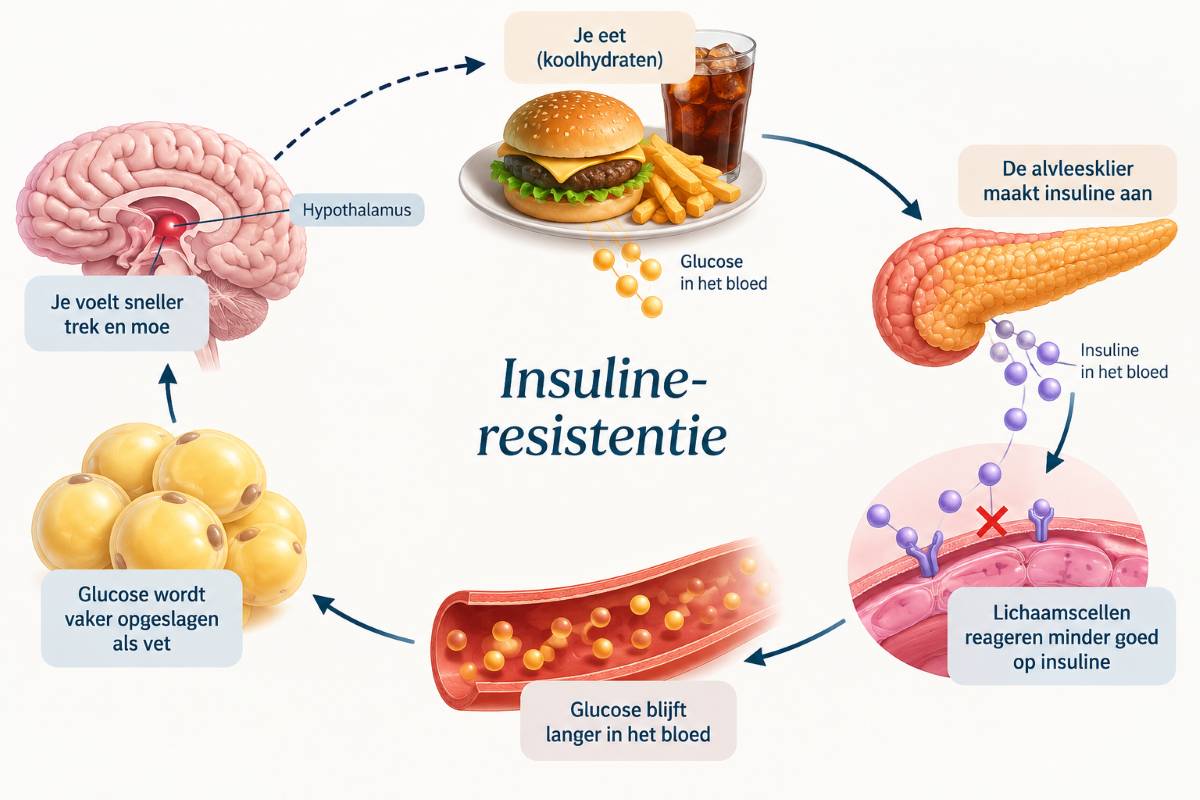 Illustratie van insulineresistentie waarin wordt uitgelegd hoe glucose, insuline en lichaamscellen met elkaar samenhangen.