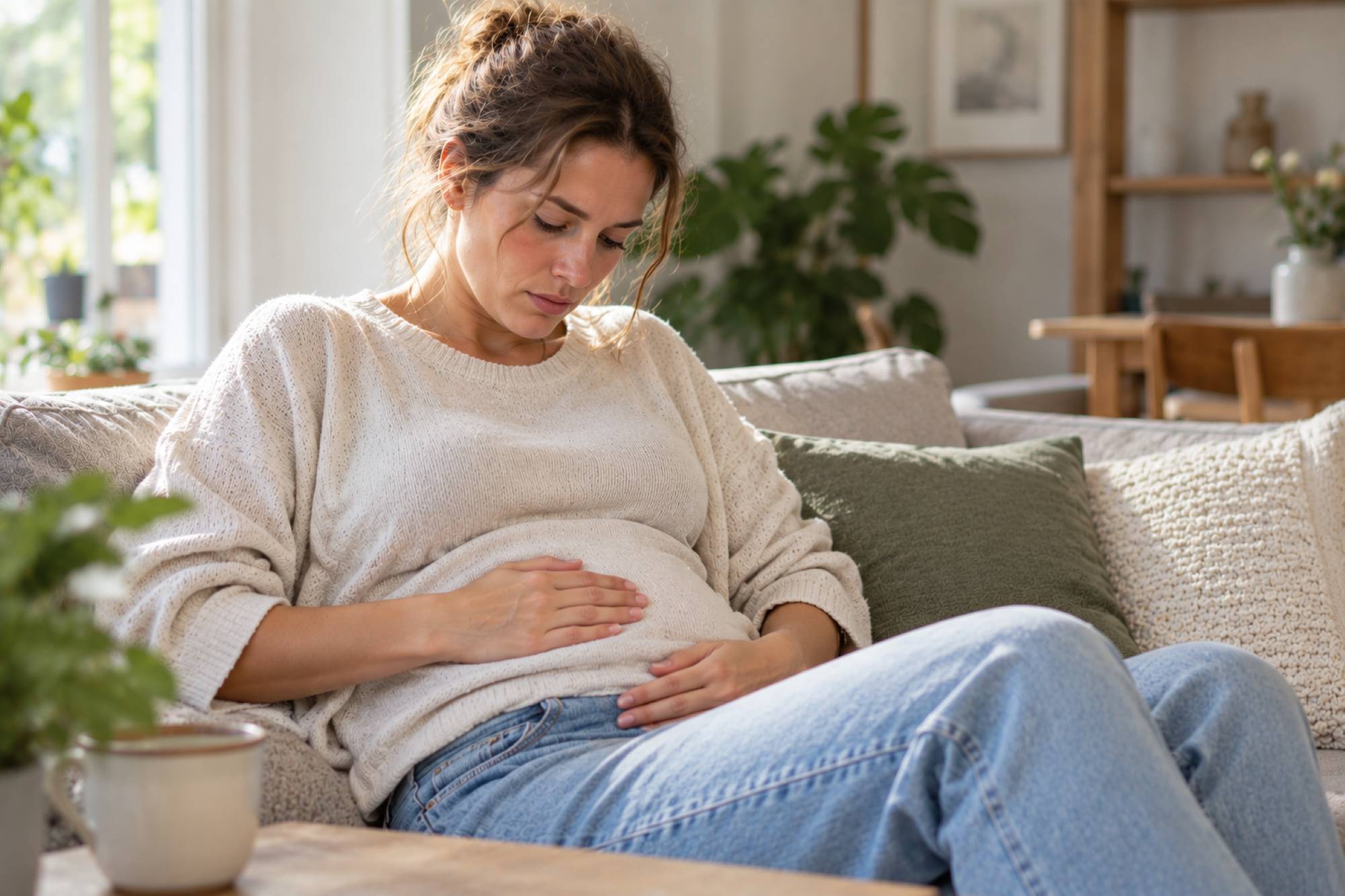 Vrouw met een opgeblazen buik zit thuis op de bank