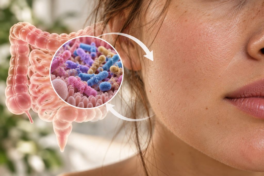 Close-up van een natuurlijke huid met een illustratie van de darmen en een uitvergroting van darmbacteriën, die de verbinding tussen darmgezondheid en huid weergeeft.