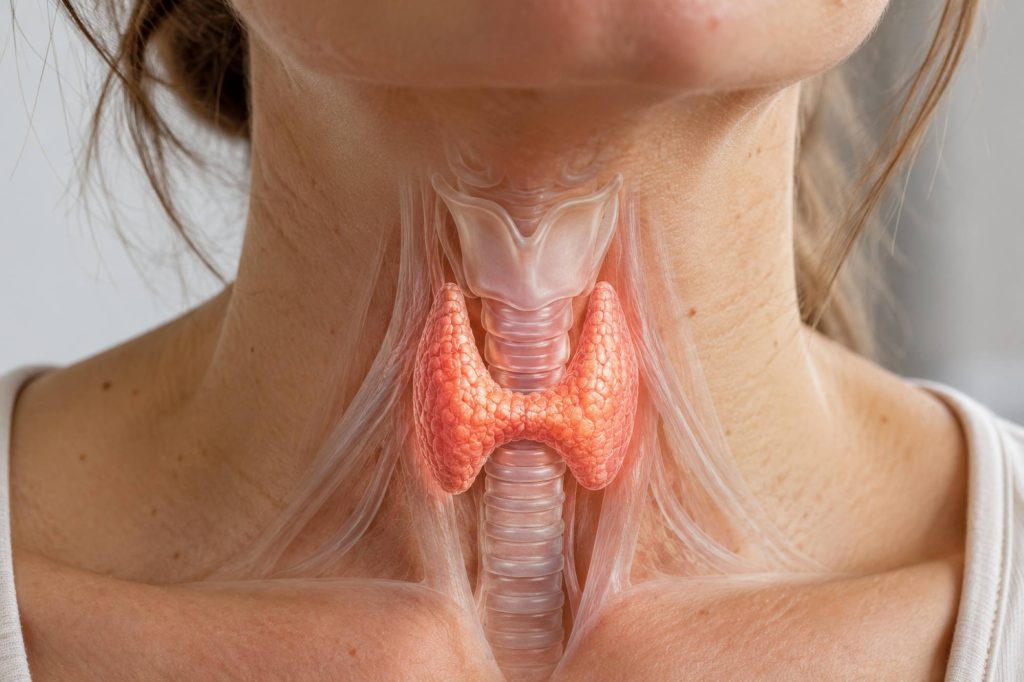 Close-up van de menselijke hals met een anatomische weergave van de schildklier, luchtpijp en omliggende structuren.