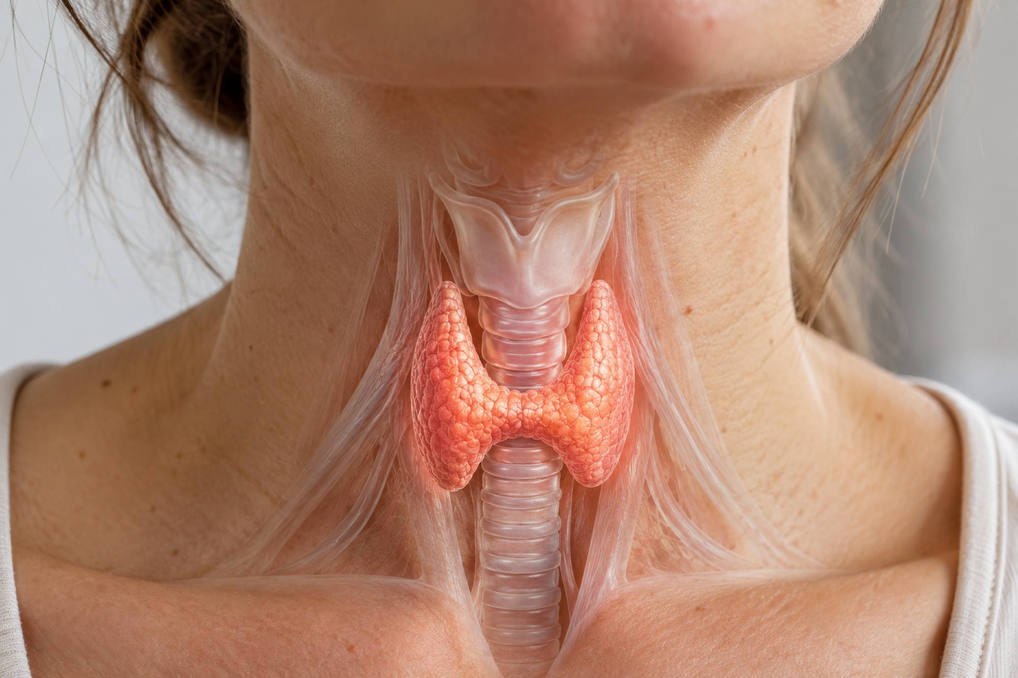 Close-up van de menselijke hals met een anatomische weergave van de schildklier, luchtpijp en omliggende structuren.