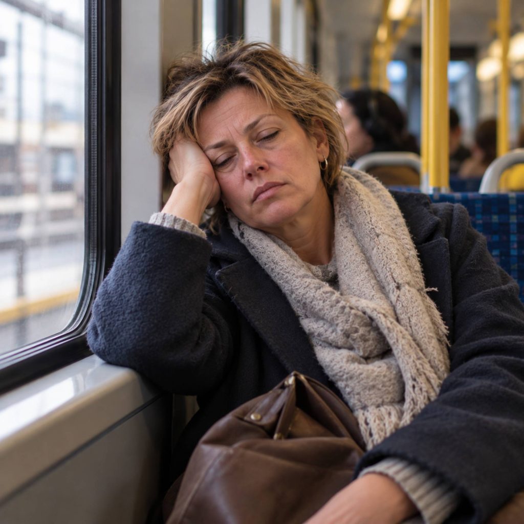 Vermoeide vrouw van middelbare leeftijd met kort blond haar zit met gesloten ogen in het openbaar vervoer en leunt met haar hoofd op haar hand.