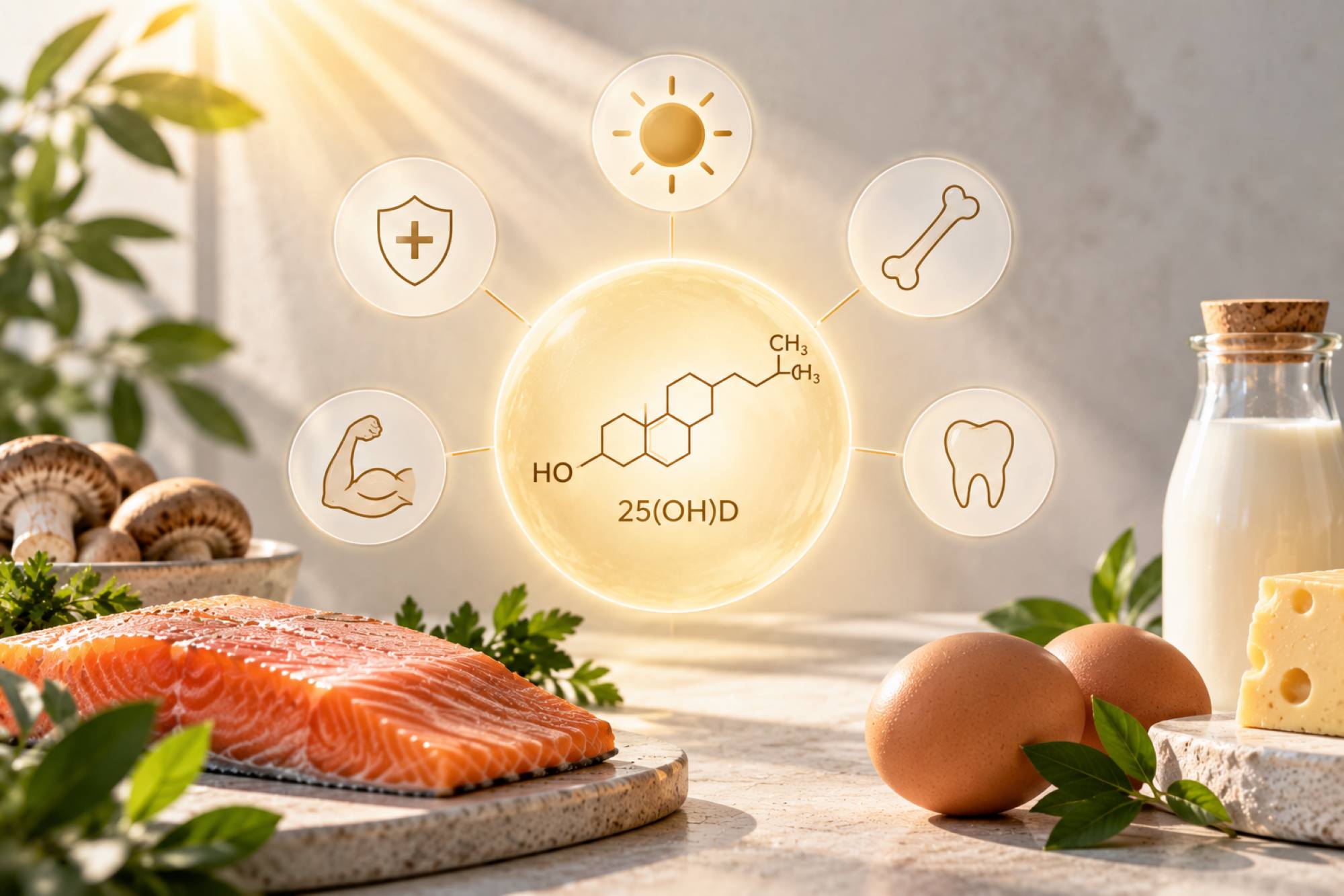 Vitamine D met zonlicht, 25(OH)D en voedingsbronnen zoals zalm, eieren en champignons.